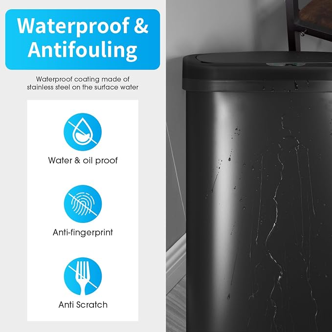 BestOffice Black Plastic Touch Free High-Capacity Garbage Can with Lid, 49L/13G, Rectangular, Quiet Close, Kitchen, Bedroom, Bathroom, Office - Image 3