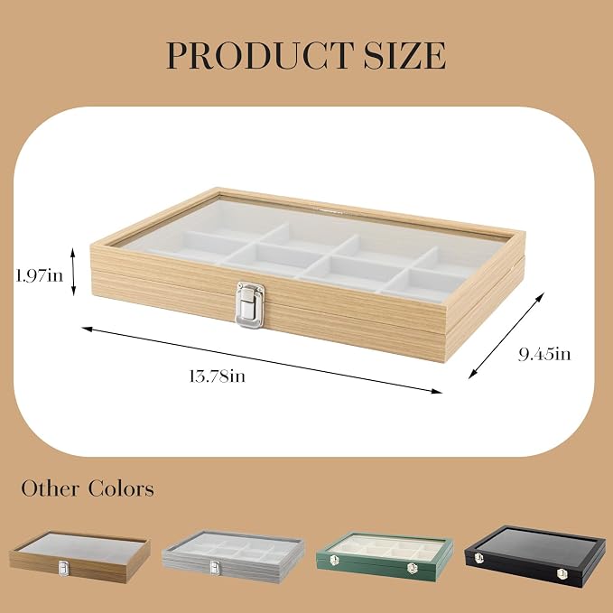 KOOAAICCHI Jewelry Organizer Tray 12 Grid Velvet Jewelry Storage Box with Clear Lid Jewelry Display Case with Lock Bracelet Earring Ring Organizer Showcase Gifts for Girls Women-12 Grid Wooden Beige - Image 6
