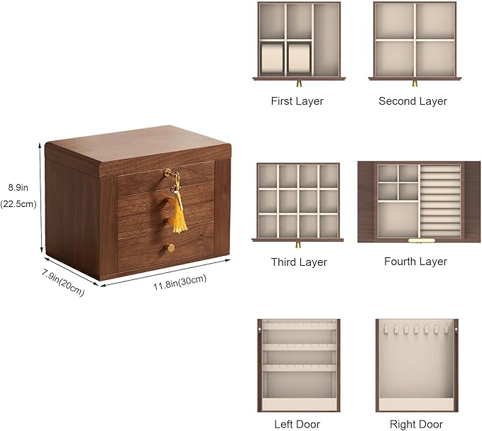 Black Walnut Wooden Jewelry Box, Wood Jewelry Organizer with 2 Side Doors Mirror Lockable Classical Style for Watch Necklace Ring Earring Storage Mothers Day Gifts for Mom-4 Layer - Image 3