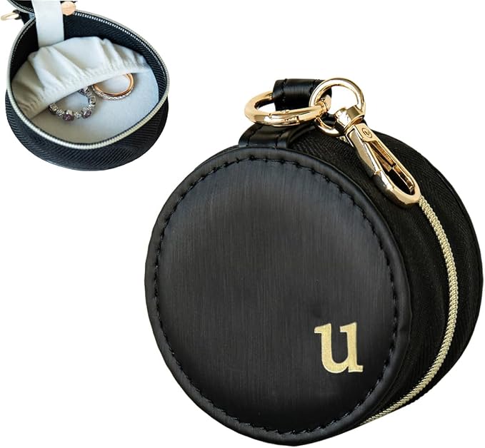 COLLECTIVE HOME - Monogrammed Letter Jewelry Case, Portable Travel Ring Holder Box with Keychain, Personalized Initial Organizer for Earrings Necklaces, Gift for Her (Black-u) by COLLECTIVEHOME