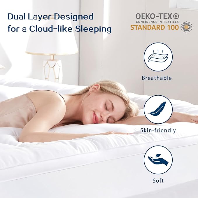 SINWEEK Dual Layer 4 Inch Memory Foam Mattress Topper, Twin Size, 2 Inch Cooling 5-Zone Gel Memory Foam Plus 2 Inch Extra Thick Pillowtop Cover, Pressure Relieve Soft Mattress Pad，Light Blue