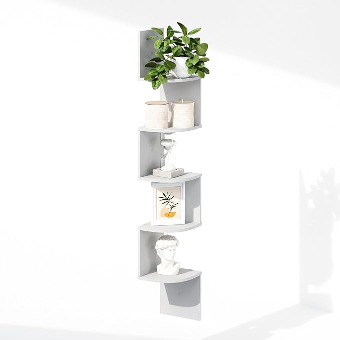 Furinno Rossi 5-Tier Floating Corner Shelf for Wall, Corner Zigzag Shelf Wall Mounted, Radial Wall Mount Shelves, for Home Office, Living Room, Bedroom, Bathroom, White - Image 3