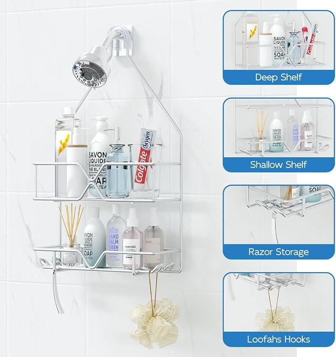 TreeLen Rustproof Shower Caddy, Hanging, Stainless Steel, 4 Hooks, 2 Shelves, Non-Slip - Image 3