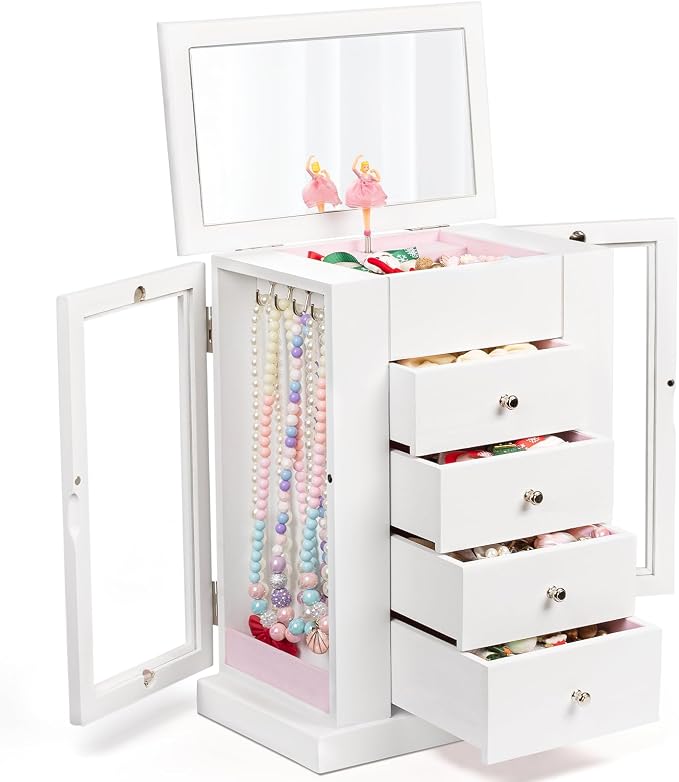 Emfogo Jewelry Box for Girls, Musical Jewelry Box with Spinning Dancer Gifts for Little Girls Christmas New Year Birthday Children's Day, 5 Layer Large Wooden Kids Music Jewelry Organizer Box(White) by Emfogo