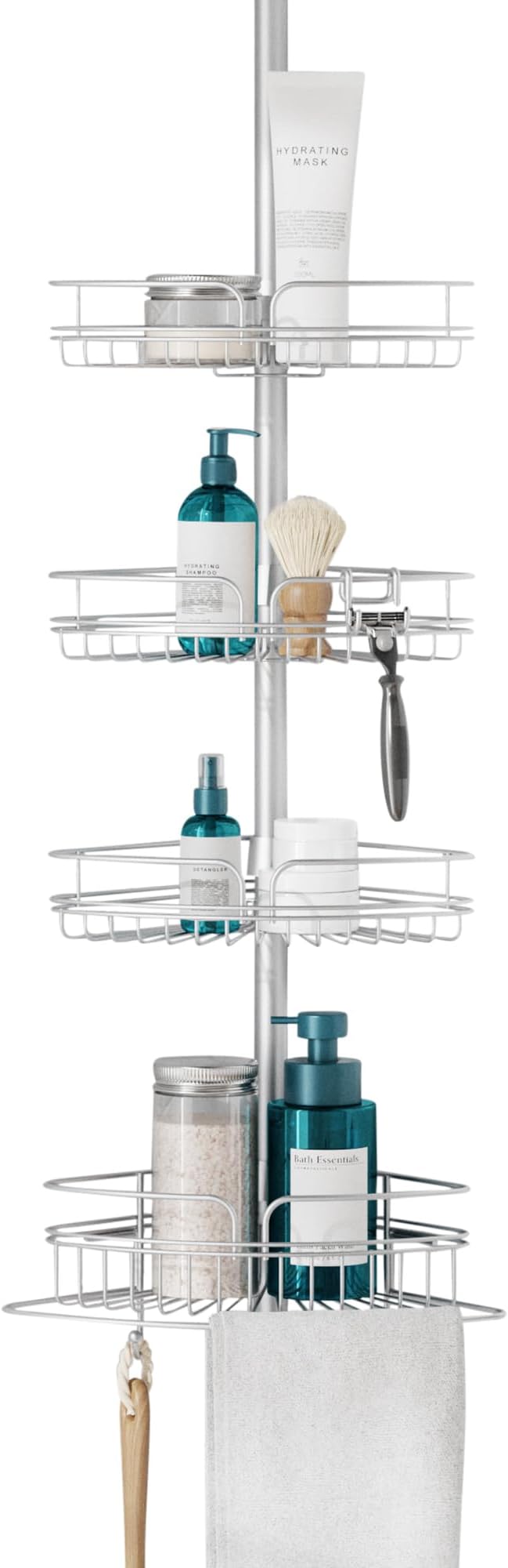 Zenna Home Tension Pole Shower Caddy Corner Organizer, Adjustable Standing Shower Caddy with 4 Baskets and Built in Towel Bar, Rust Resistant Bathroom Tension Rod Organizer, 60 to 97 Inch, Chrome by ZennaHome