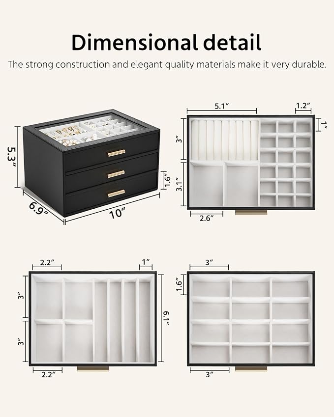 AKOZLIN Jewelry Box with Clear Lid Functional Leather Jewelry Storage Organizer Case 3 Drawers for Women Girls Necklace Ring Bracelet Earring - Image 4