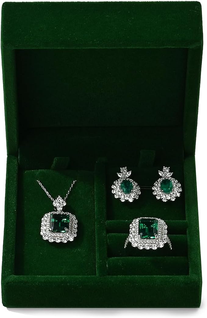 3 in 1 Velvet Jewelry Set Gift Box Earring Gift Box Ring Necklace Boxes Small Jewelry Storage Boxes for Travel Birthday Mother's Day Valentine's Day Gifts (Dark Green) by Papten