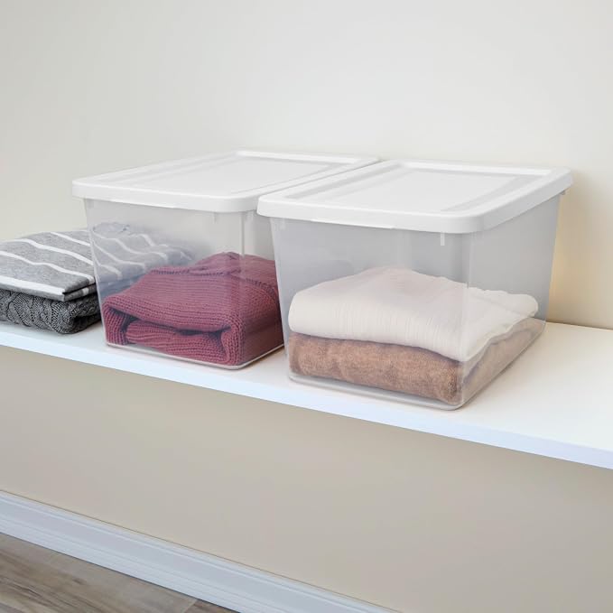 Sterilite 12 Pack Storage Boxes, Clear Plastic Stackable Containers, Lightweight Home Organizers with Snap Lids, 20 Quart, White - Image 4