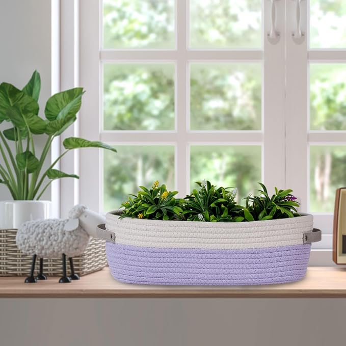 Cotton Rope Woven Basket Toilet Paper Baskets for Organizing Decorative Basket for Boho Decor Small Storage Basket Gift Baskets 13"x5.9"x4" Purple - Image 5