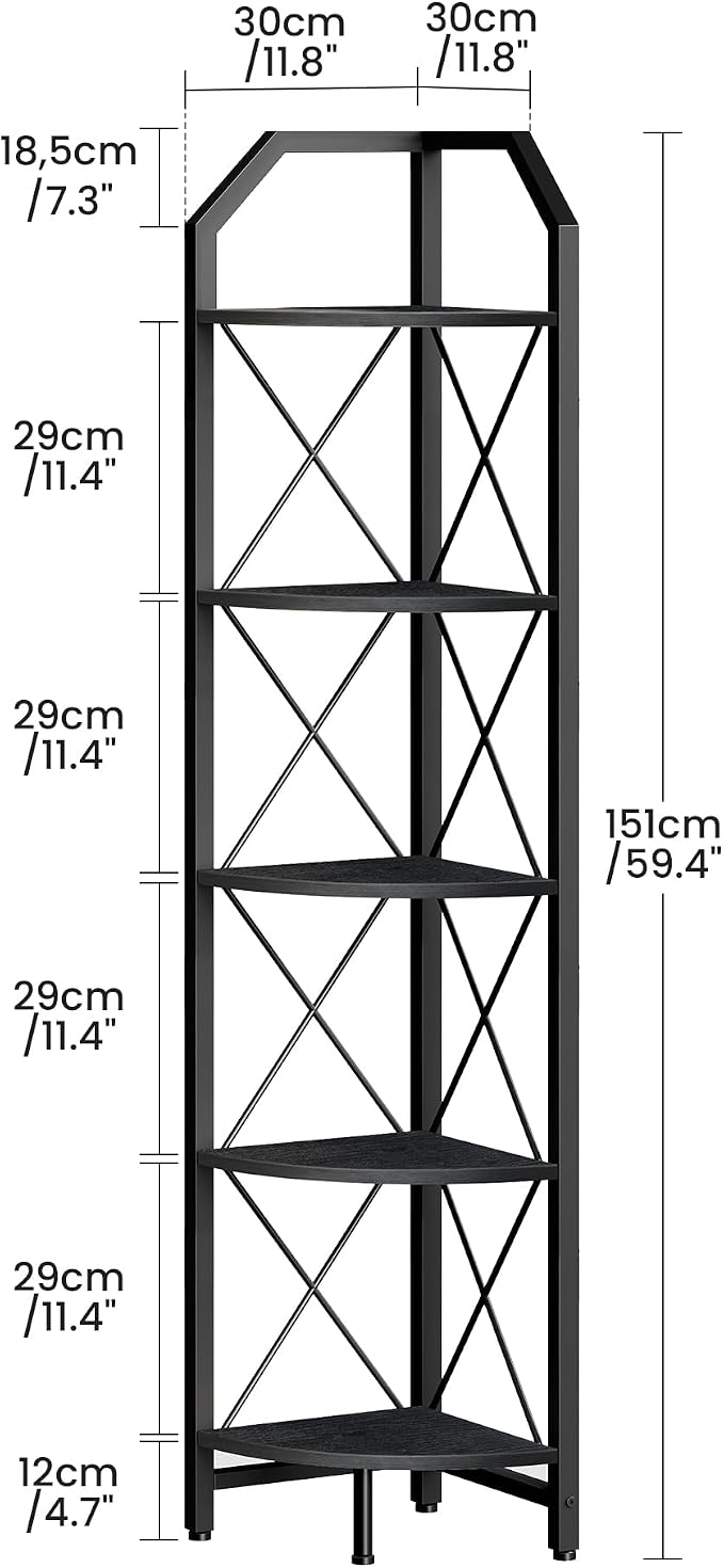 CHOEZON 5-Tier Corner Shelf, Industrial Corner Bookshelf, 59.4" Corner Storage Stand, Plant Stand Display Shelf, Corner Bookcase for Bedroom, Living Room, Home Office, Black TCJ10BB - Image 2