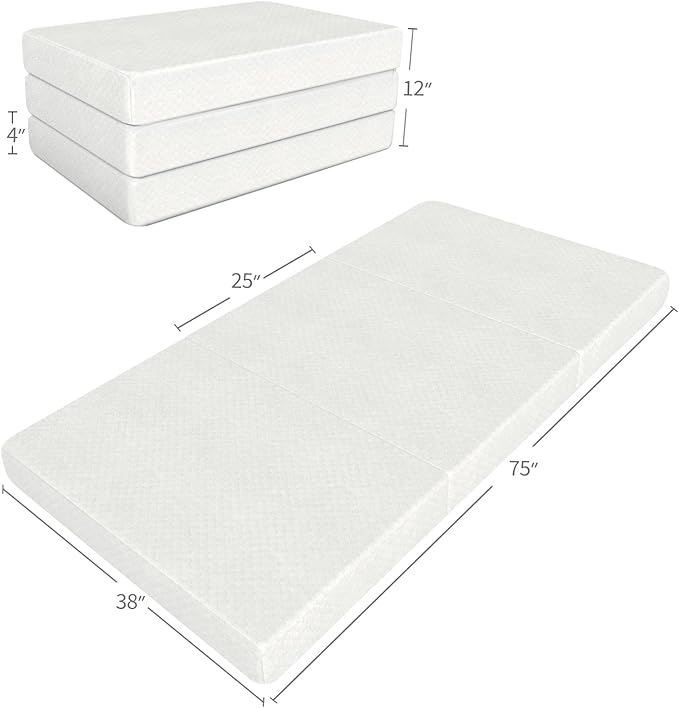 Moonsea Tri Folding Mattress Topper, Memory Foam Tri-fold Mattress with Ultra Soft Waterproof Washable Cover, Twin Size (75"x38"x4")