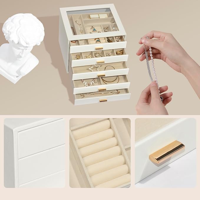 Jewelry Box with Glass Lid, 5-Layer Jewelry Organizer for Women Girls, PU Leather Display Case with 20-Grid Earring Tray & Movable Dividers for Necklaces Rings - Cloud White - Image 6