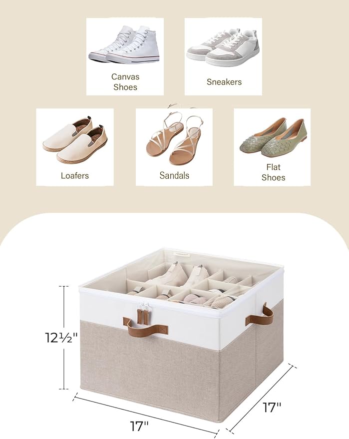 StorageWorks Shoe Organizer for Closet, Fits up to 16 Pairs, Shoe Cubby Storage Containers with Adjustable Dividers and Clear Cover, Brown & White - Image 3
