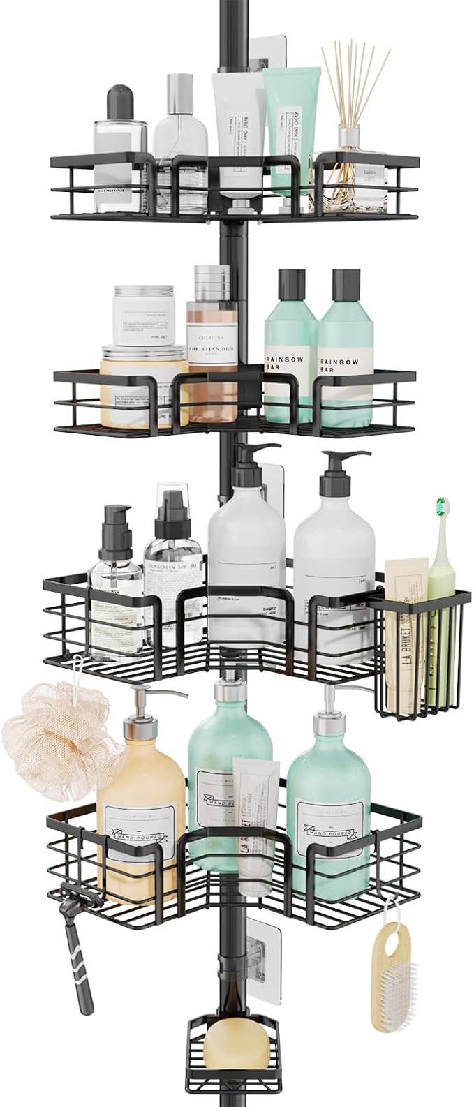 SWTYMIKI Shower Caddy Tension Pole - 4-Tier Corner Shower Organizer Tension Rod with Soap Holder, Toothbrush Holder & 4 Hooks, Adjustable Stainless Steel Bathroom Organizer 27.6 to 108.3 inch, Black by SwtyMiki-TidyHomeSweetLife