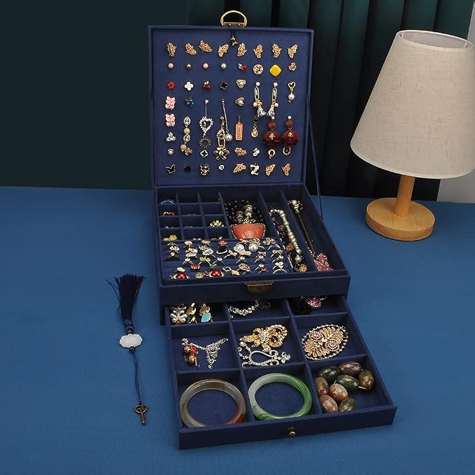 Women Jewelry Box Lockable 3 Layers Large Jewelry Organizer Storage Case for Earrings Necklaces Rings Bracelets,Green Display Jewel Holder (Navy) - Image 5