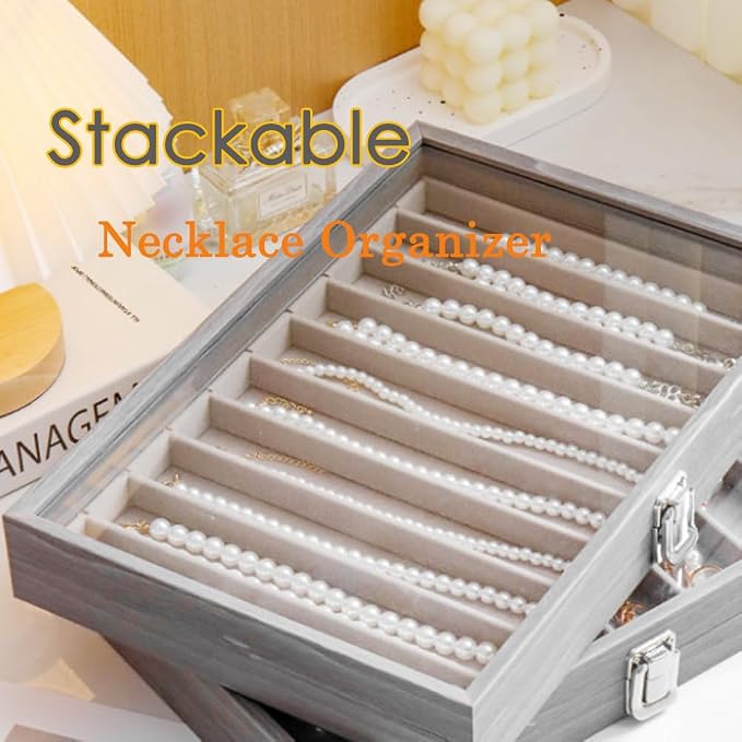 Glass Lid Necklace Organizer Box Transparent Necklace Holder Organizer Velvet Necklace Display Box Clear Lid Jewelry Storage Stackable Necklace Display Case for Women Girls (Grey) - Image 4