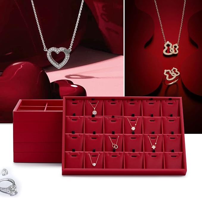Oirlv Gorgeous Red Leather 24 Grid Jewelry Tray with Removable Inserts Jewelry Cards Stackable Necklace Trays Necklace Drawer Organizer - Image 2