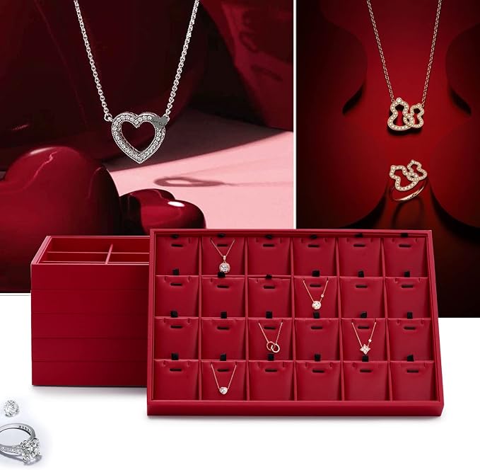 Oirlv Gorgeous Red Leather Jewelry Tray Necklace Bracelet Long Chain Storage Stackable Necklace Trays Jewelry Drawer Organizer - Image 2