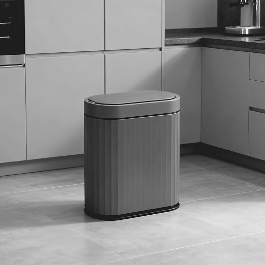 ELPHECO Bathroom Motion Sensor Trash can, 2 Gallon Automatic Garbage Can, Slim Plastic Smart Trash Can with Lid, Commercial Intelligent Trash Bin for Bedroom, Bathroom, Office, Cement Grey Black by ELPHECOUSA