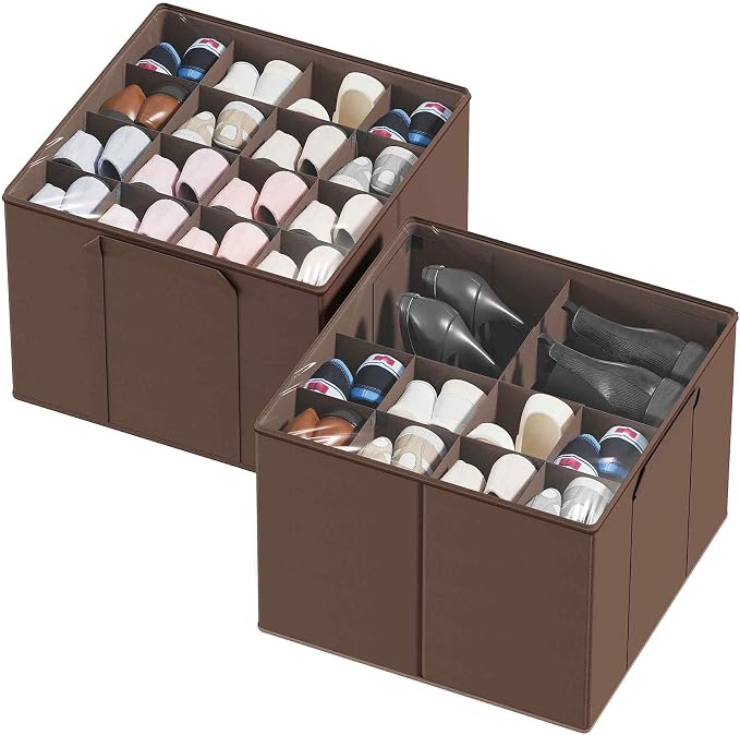 SpaceAid Shoe Organizer for Closet, 2 Pack Foldable Shoe Storage Containers Baskets Boxes Bins w/Adjustable Dividers, Fits 16-32 Pairs, Brown by SpaceAid
