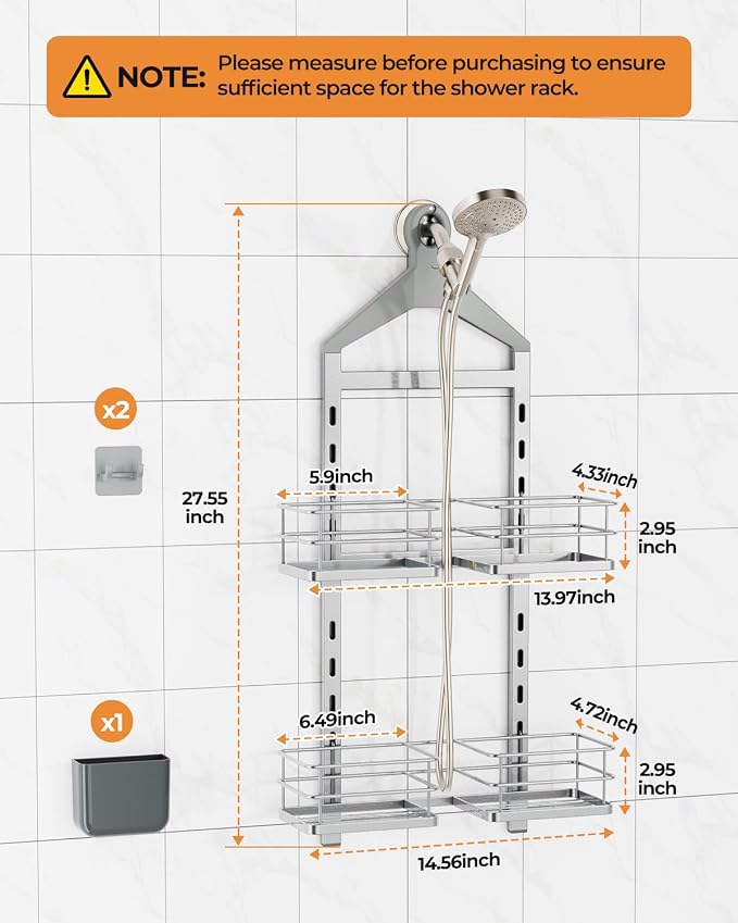 ODesign 2 Tier Height-Adjustable Shower Caddy Hanging Anti-Swing-Over The Shower Head Caddy-Storage Organizer Bathroom Shelves Basket-Silver - Image 2