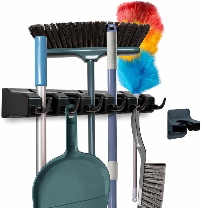 Combo 5 Slot Broom Holder w/ 1 Self Adhesive Mop Gripper No-Drilling, Wall Mount Tool Organizers For Kitchen, Garage, Laundry Room- Anti-Slip Hanger For Brooms, Mops, Rakes, Dustpans (Black / Black) by BerryAve