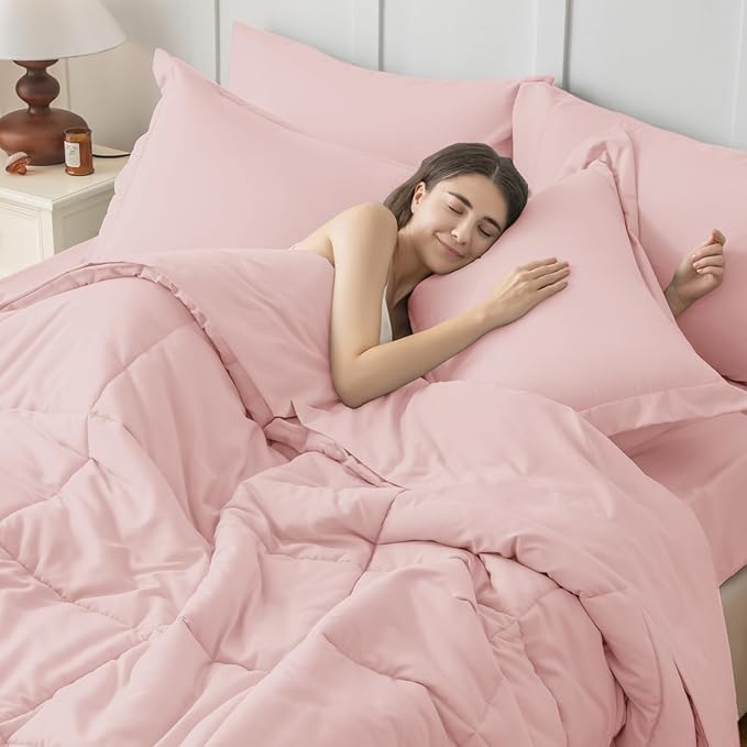 JOLLYVOGUE Twin Comforter Set, Ultra-Soft Bed in a Bag Twin Size 5 Pieces, Oeko-TEX Certified Bedding Set with Down Alternative Comforter, Sheets, Pillowcases & Shams, Blush Pink