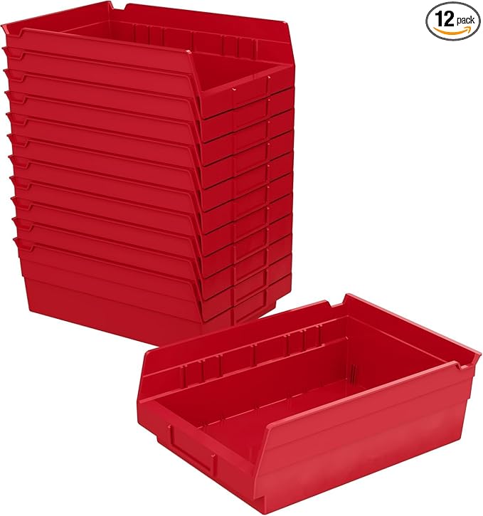 Akro-Mils 30150 Plastic Shelf Bins, Heavy Duty Storage Bins for Garage, Closet, and Drawer Organization, 12" x 8" x 4", Red, 12-Pack by Akro-Mils
