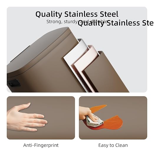 KUK 13 Gallon Kitchen Trash Can with Lid, 50L/13Gal Office Step Garbage Can for Home, Kitchen, Laundry Room, Office, Brushed Stainless Steel, Brown - Image 6