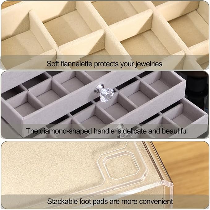 SPAKOWN Earring Box Holder Organizer Display Case, Clear Velvet Jewelry Storage Tray Organizer for Earring Ring Stud (Grey - 3 Drawers) - Image 6