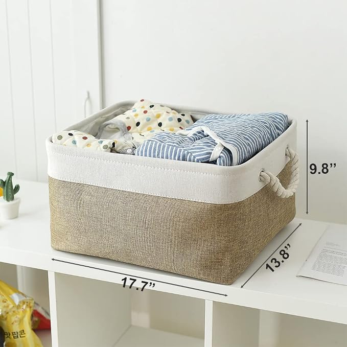 TheWarmHome Organization and Storage Basket for Organizing - X Large - 3 Pack 17.7L×13.8W×9.8H in Collapsible Storage Bin for Shelves, Fabric Basket for Gifts Organizer Toy Closet (White & Khaki) - Image 8