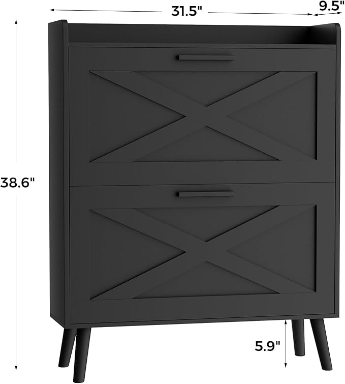 Homleke 32" W Farmhouse Shoe Storage Cabinet with 2 Flip Drawers and Barn Door Design, Adjustable Shelves, Modern Hidden Slim Narrow Shoe Rack Cabinet for Entryway, Foyer, Hallway, Living Room, Black - Image 2