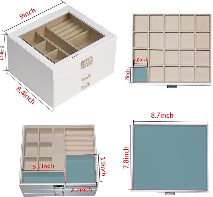 BOOVO Clear Lid Jewelry Box,3 Layers Jewelry Organizer Large Multi-Functional Jewelry Storage Box with 2 Drawers,Jewelry Display Case of Rings Earrings Necklace Bracelets for Women Girls (White) - Image 4