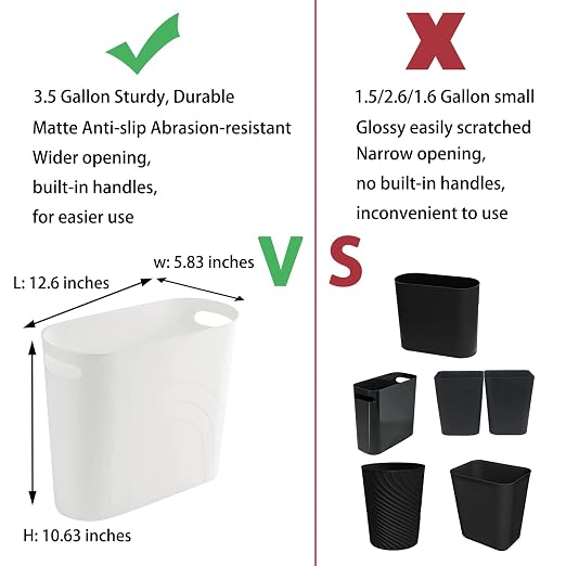 rejomiik Small Trash Can, 3.5 Gallon Slim Garbage Can Plastic Waste Basket with Handles Container Bin for Narrow Spaces Bathroom, Bedroom, Kitchen, Office at Home, 2 Pack White - Image 3