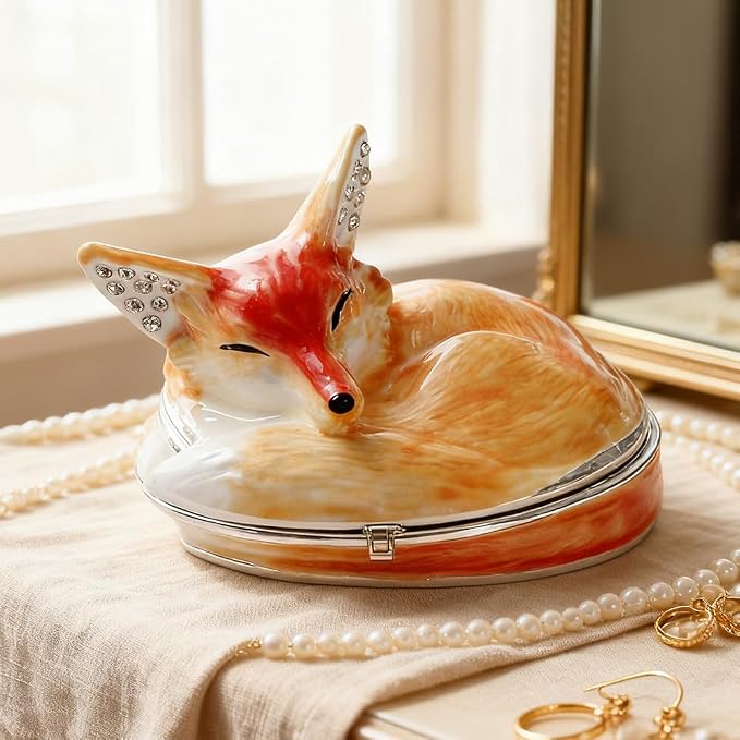 Hand Painted Trinket Box Enamel Vintage Jewelry Box Sleeping Fox Hinged Metal Jewelry Organizer Decorative Treasure Box Unique Gifts for Animal Lover - Image 2
