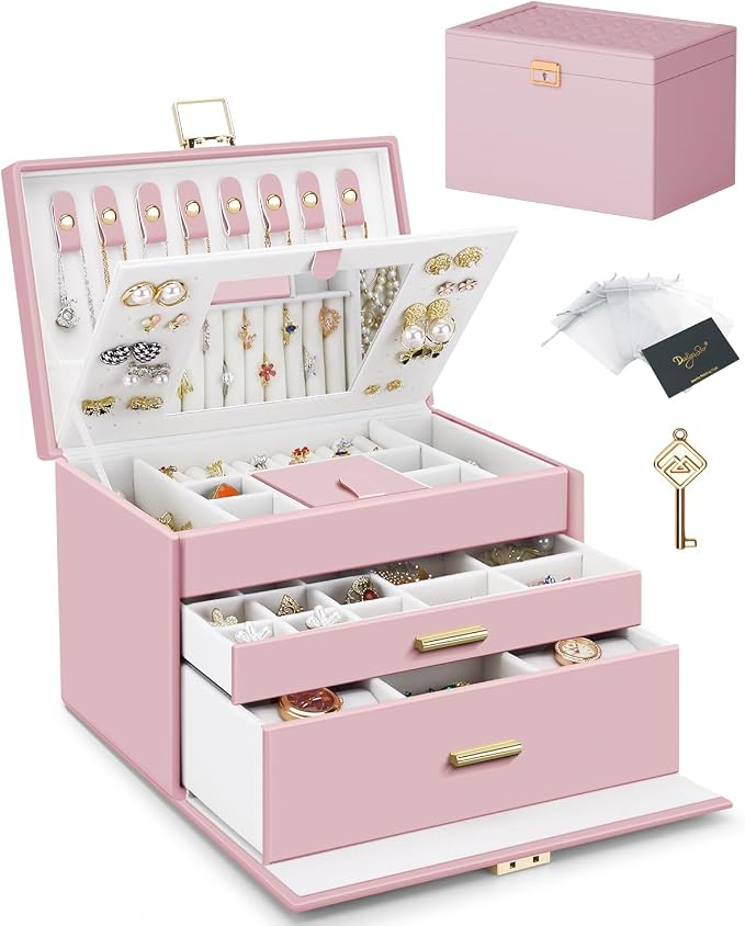 DesignSter Jewelry Box for Women Girl, 3-layer Lockable Jewelry Organizer with Mirror, Large Leather Jewelry Case for Earring Necklace Ring Bracelet Watch - Image 2
