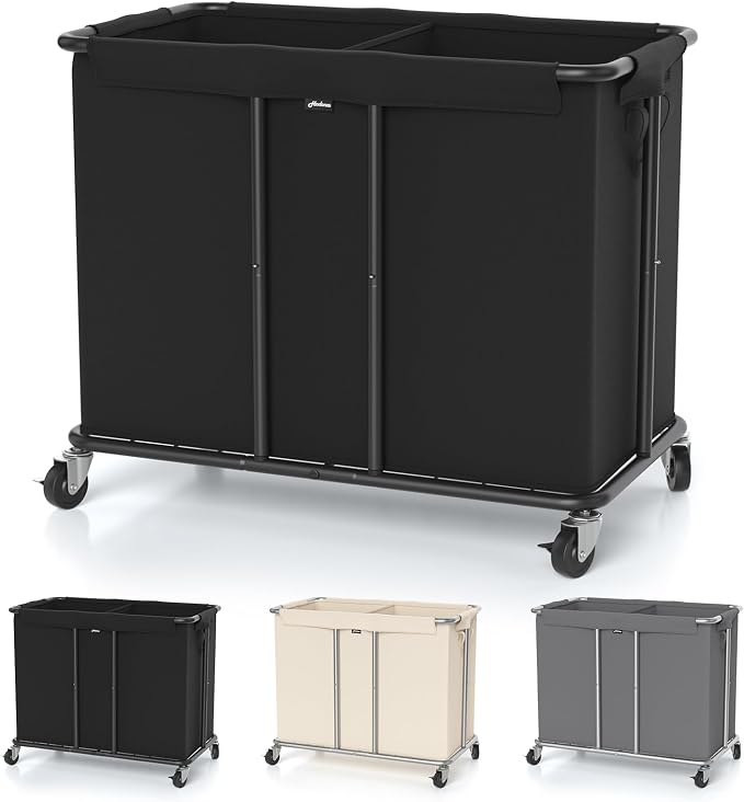 Hodonas Laundry Hamper with Wheels, 2-Section 230L (61Gal) Large Capacity, Heavy-Duty Rolling Clothes Basket with Silent Rubber Casters & Detachable Oxford Bags for Home, Black, 31.5"Lx15.75W"x30.7"H by Hodonas