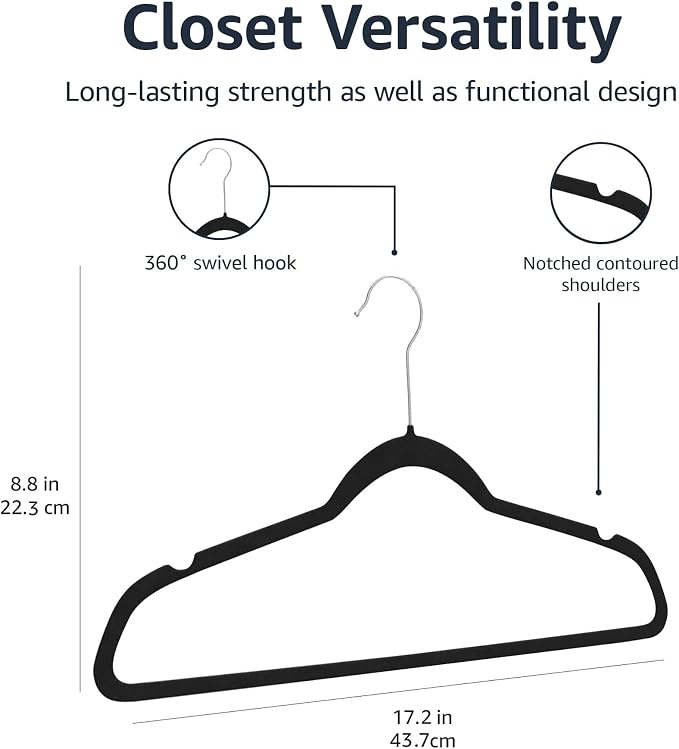 Amazon Basics Slim Velvet Non-Slip Space Saving Suit Clothes Hangers, Closet Organizer, Black/Silver, 100-Pack - Image 5
