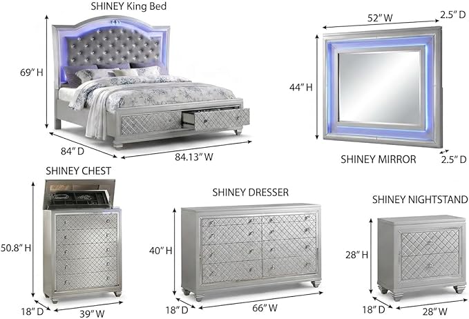 First of a Kind Shiney Contemporary 5 Piece King Bedroom Set High Gloss Silver Finish with Upholstered Headboard, Sleek Modern Bedroom Furniture Set for Coordinated Interiors