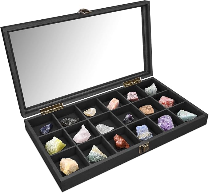 MOOCA Wooden Jewelry Display Case with Tempered Glass Lid & 18 Compartments Tray, Rock Collection Box, Crystal Display Case, Black Color - Image 2