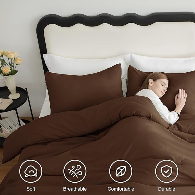 CozyLux Queen Comforter Set Brown, 3 Pieces Solid Comforters Queen Size Breathable Quilted Bedding Sets, Luxury Soft Lightweight Bed Set with Down Alternative Comforter and 2 Pillowcases All Seasons