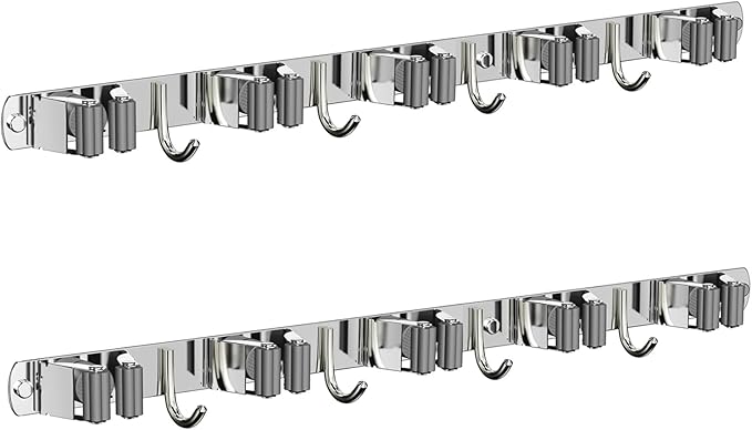 CUXIXA 2 Pack Mop and Broom Holder Wall Mount, Non-slip Broom Hanger Wall Mount, Heavy Duty Mop Broom Organizer for Kitchen Garden Garage Laundry Room Wall Decor Organization and Storage Silver 5R4H by CUXIXA