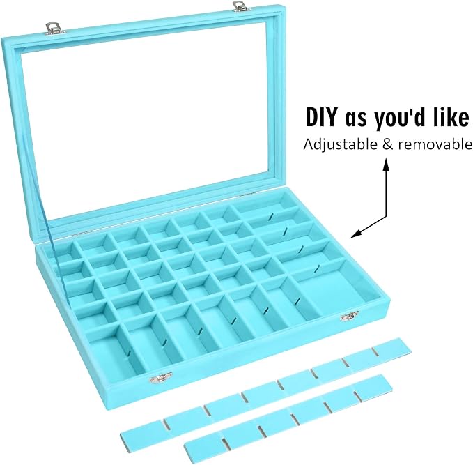 Siveit Velvet Jewelry Tray 48 Grid Jewelry Display Tray Organizer Box with Transparent Lid Rings Earrings Necklaces Pendants Display Box Suitable for Women and Girls (Light Blue) - Image 6