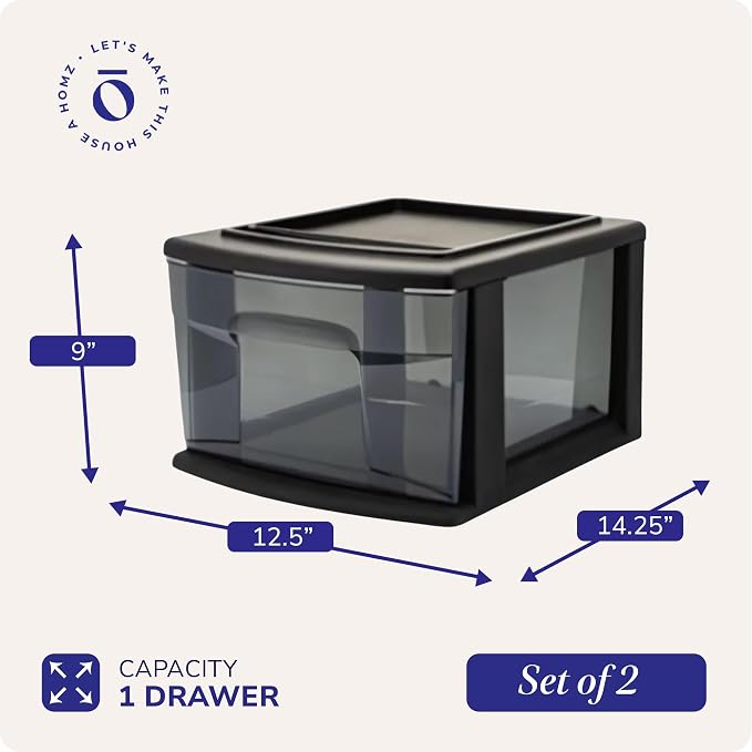 HOMZ 2-Pack 1-Drawer Storage Cart, Plastic Container w/Smoke Tint, 14.25" Wide Medium, Black Frame - Organizing Drawer Containers for Home, Bathroom, Bedroom, Office, and Classroom - Image 3