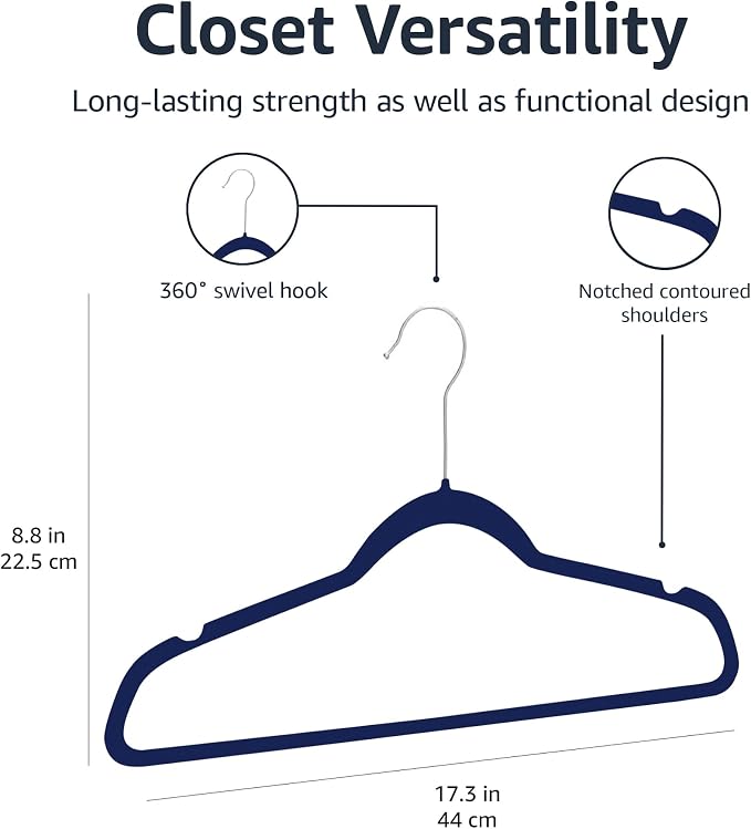 Amazon Basics Slim Velvet Non-Slip Space Saving Suit Clothes Hangers for Closet Organization, Navy Blue/Silver, 50-Pack - Image 5
