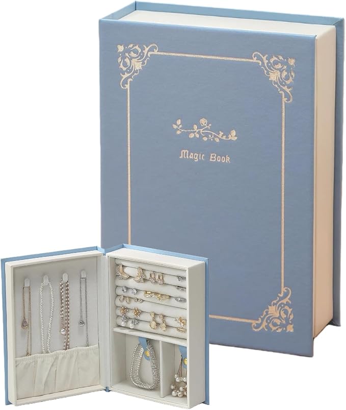 PU Leather Book Jewelry Organizer Box with Magnetic Closure, Stylish Jewelry Box for Women and Girls,Travle Jewelry Case for Rings Necklaces Earring (Blue) by WEIKIMFF