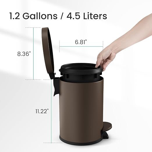 Cesun 1.2 Gallons Small Brown Trash Can, Bathroom Garbage Can with Lid and Foot Pedal, Mini Round Wastebasket for Bathroom, Bedroom, Office, 4.5 Liters / 1.2 Gallons, Brown - Image 6
