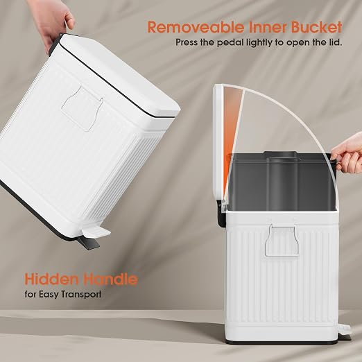 Small Bathroom Trash Can with Lid Soft Close, 6L / 1.6 Gallon Stainless Steel Small Garbage Can with Step Pedal, Slim Waste Basket for Bedroom, Toilet, Office - White - Image 4