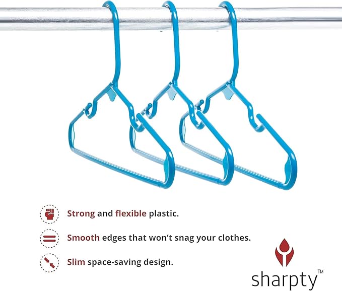 Sharpty Kids Plastic Hangers, Children's Hangers for Baby, Toddler, and Child Clothes - Everyday Standard Use - Ideal for Boys and Girls Closet, Clothing, Pants, Coats, and More - Blue, 20 Pack - Image 2
