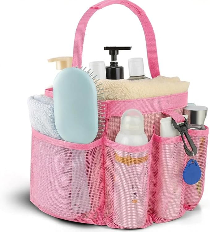 Mesh Shower Caddy Portable for College Dorm Room Essentials,Hanging Shower Caddy Dorm Basket with 8 Pockets,Quick Dry Shower Bag for Bathroom,Beach,Swimming,Gym (Light Pink) by CDDLR